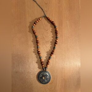 Boho Wood Bead Necklace Large Medallion Pendant Brown Beaded Statement Necklace